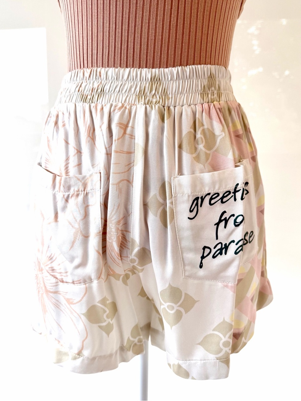 Vintage Havana “Greetings From Paradise “White Floral Satin Shorts with Pocket